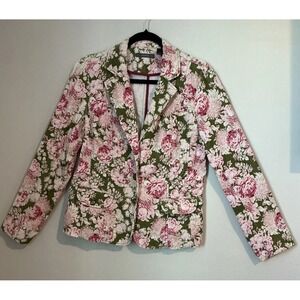 Liz Claiborne Womens 16 Pink Green Floral Corduory Blazer Jacket Boho Cottagecor